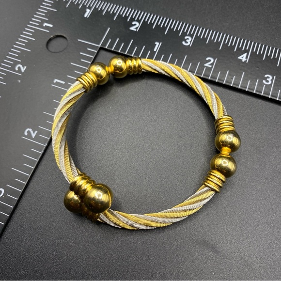 Stainless Steel Mixed Metals Gold & Silver Tone Cable Bangle Bracelet - Picture 5 of 7